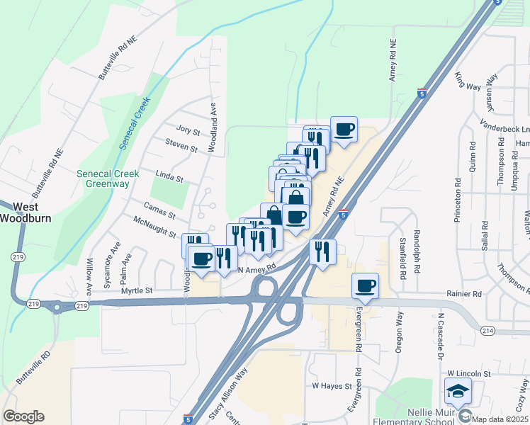 map of restaurants, bars, coffee shops, grocery stores, and more near 2385 Sprague Lane in Woodburn