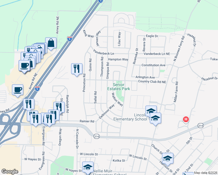 map of restaurants, bars, coffee shops, grocery stores, and more near 1501 Umpqua Road in Woodburn