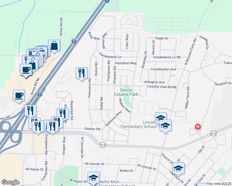 map of restaurants, bars, coffee shops, grocery stores, and more near 1538 Umpqua Road in Woodburn