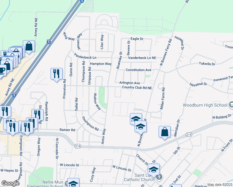 map of restaurants, bars, coffee shops, grocery stores, and more near 1200 Country Club Road in Woodburn