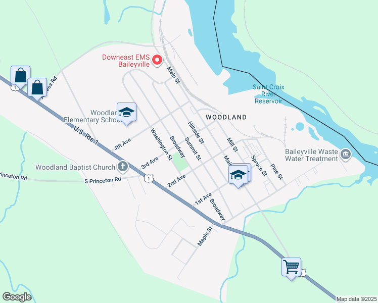 map of restaurants, bars, coffee shops, grocery stores, and more near 55 Summit Street in Baileyville