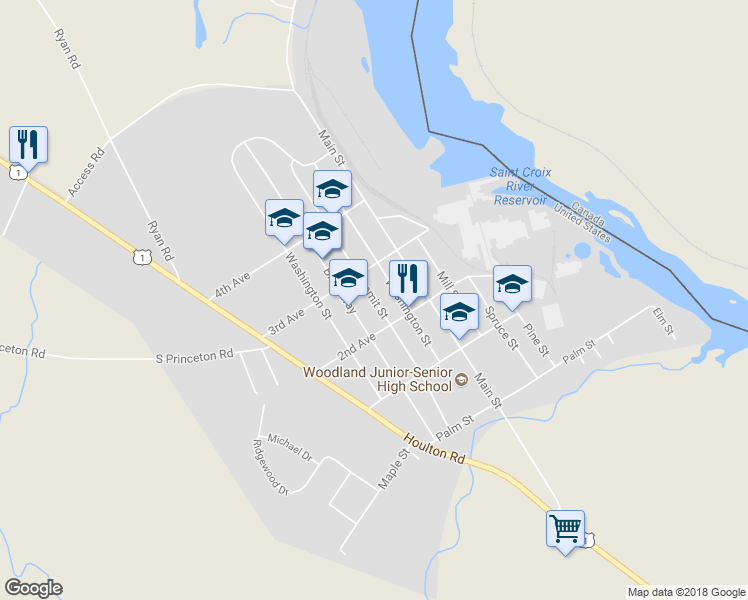 map of restaurants, bars, coffee shops, grocery stores, and more near 68 Summit Street in Baileyville