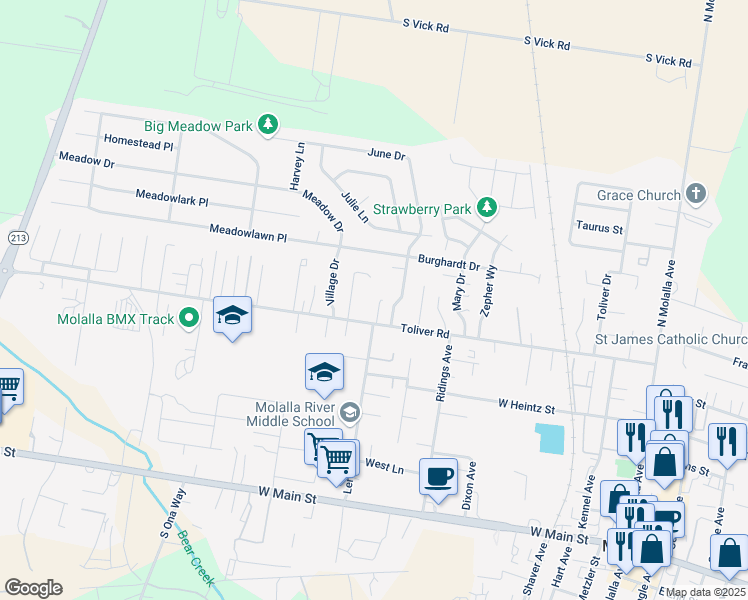 map of restaurants, bars, coffee shops, grocery stores, and more near 765 Toliver Road in Molalla