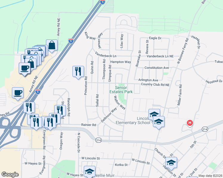 map of restaurants, bars, coffee shops, grocery stores, and more near 1501 Umpqua Road in Woodburn