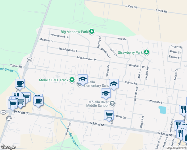 map of restaurants, bars, coffee shops, grocery stores, and more near 824 Toliver Road in Molalla