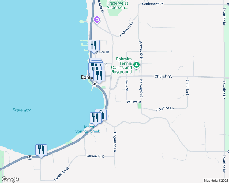 map of restaurants, bars, coffee shops, grocery stores, and more near 9963 Dane Street in Sister Bay