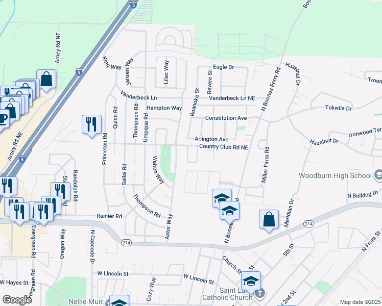 map of restaurants, bars, coffee shops, grocery stores, and more near 1200 Country Club Road in Woodburn
