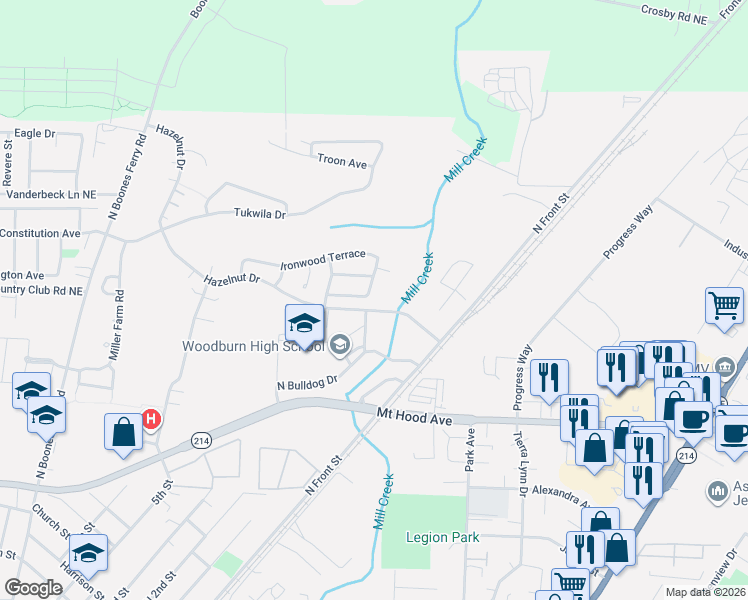 map of restaurants, bars, coffee shops, grocery stores, and more near 402 Muirfield Lane in Woodburn