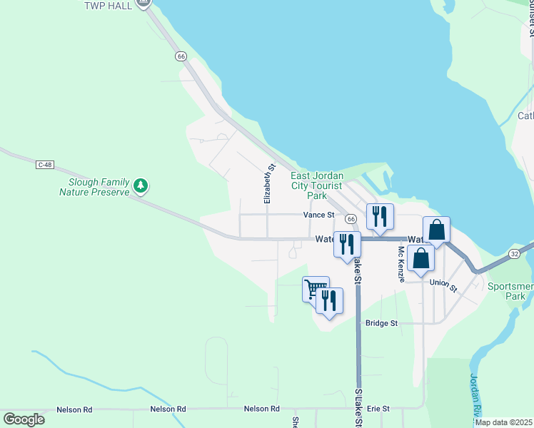 map of restaurants, bars, coffee shops, grocery stores, and more near 200 Elizabeth Street in East Jordan
