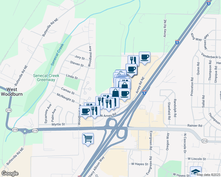 map of restaurants, bars, coffee shops, grocery stores, and more near 777 North Arney Road in Woodburn