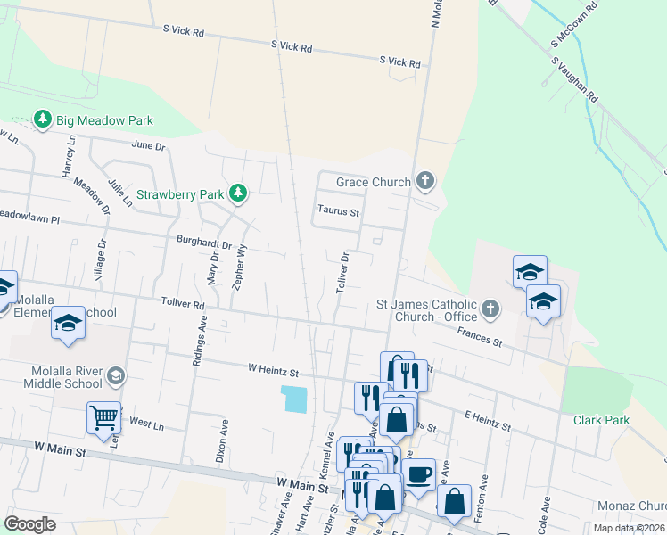 map of restaurants, bars, coffee shops, grocery stores, and more near 206 Hauser Court in Molalla