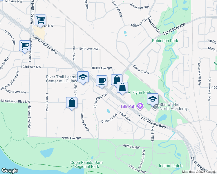map of restaurants, bars, coffee shops, grocery stores, and more near 1508 103rd Avenue Northwest in Coon Rapids