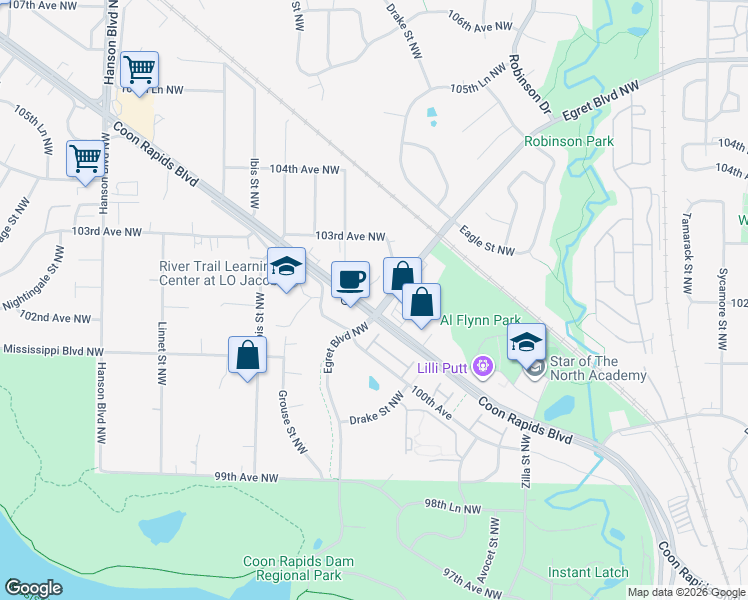 map of restaurants, bars, coffee shops, grocery stores, and more near 1508 103rd Avenue Northwest in Coon Rapids