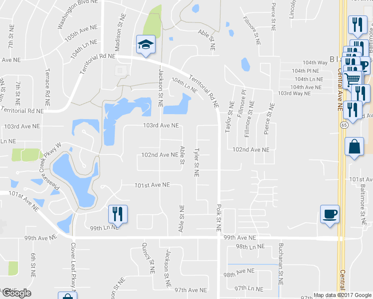 map of restaurants, bars, coffee shops, grocery stores, and more near 10213 Able Street in Blaine