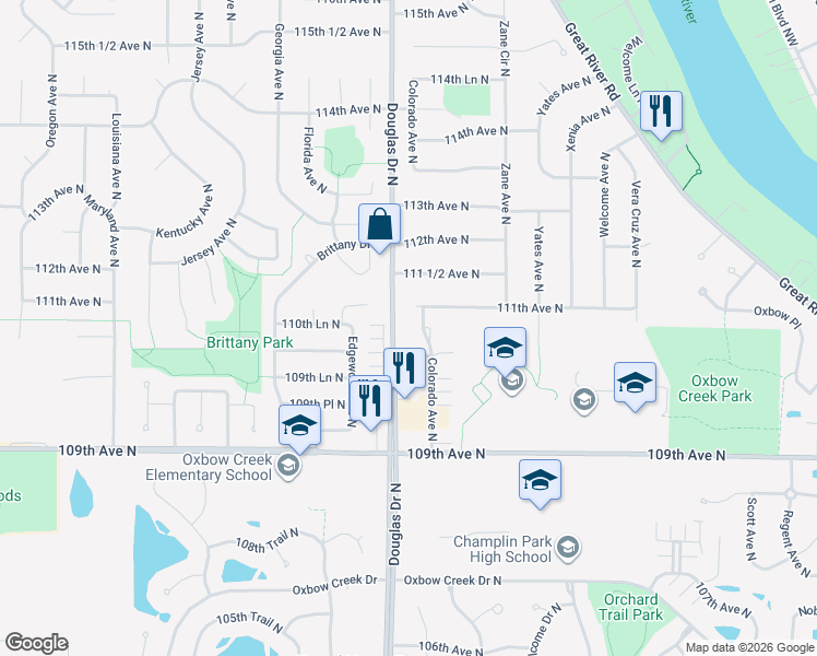 map of restaurants, bars, coffee shops, grocery stores, and more near 6213 111th Avenue North in Champlin