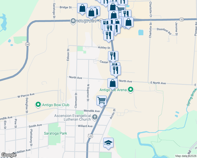 map of restaurants, bars, coffee shops, grocery stores, and more near 620 North Avenue in Antigo