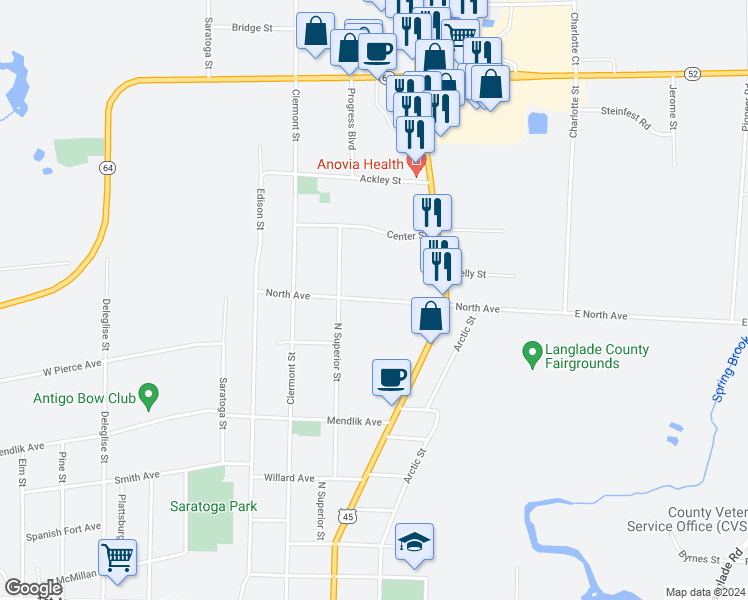 map of restaurants, bars, coffee shops, grocery stores, and more near 624 North Avenue in Antigo