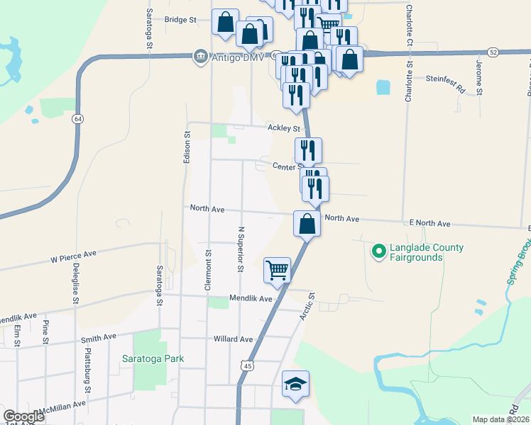 map of restaurants, bars, coffee shops, grocery stores, and more near 624 North Avenue in Antigo