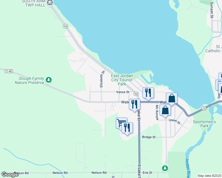 map of restaurants, bars, coffee shops, grocery stores, and more near 200-298 Elizabeth Street in East Jordan