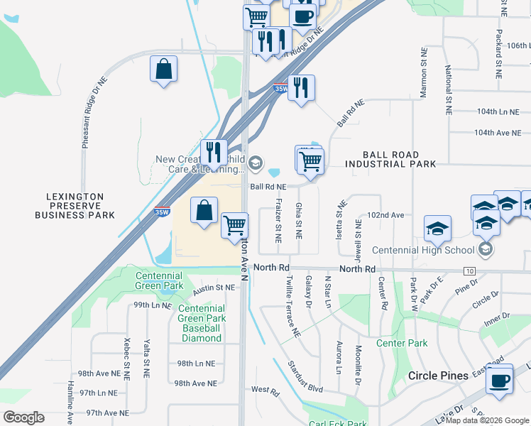 map of restaurants, bars, coffee shops, grocery stores, and more near 10272 Erskin Street Northeast in Circle Pines