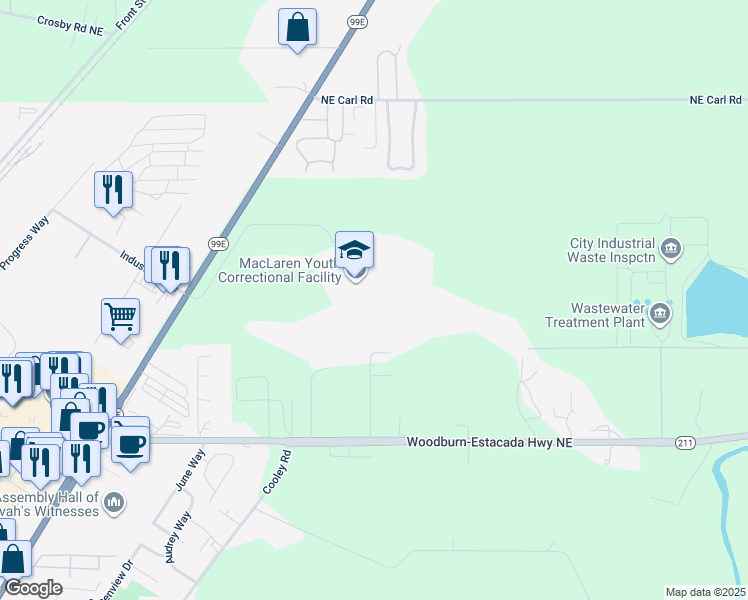 map of restaurants, bars, coffee shops, grocery stores, and more near 2630 North Pacific Highway in Woodburn