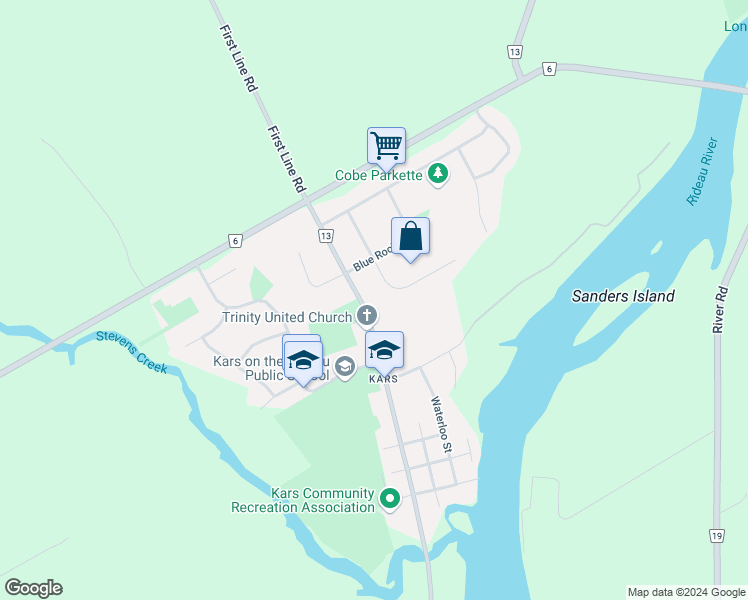 map of restaurants, bars, coffee shops, grocery stores, and more near 6643 Rideau Valley Drive South in Ottawa