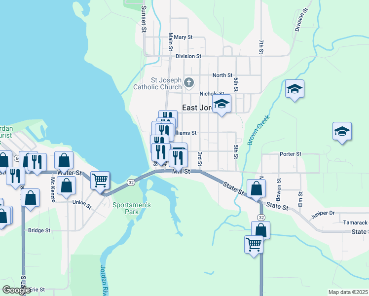 map of restaurants, bars, coffee shops, grocery stores, and more near 205 2nd St in East Jordan