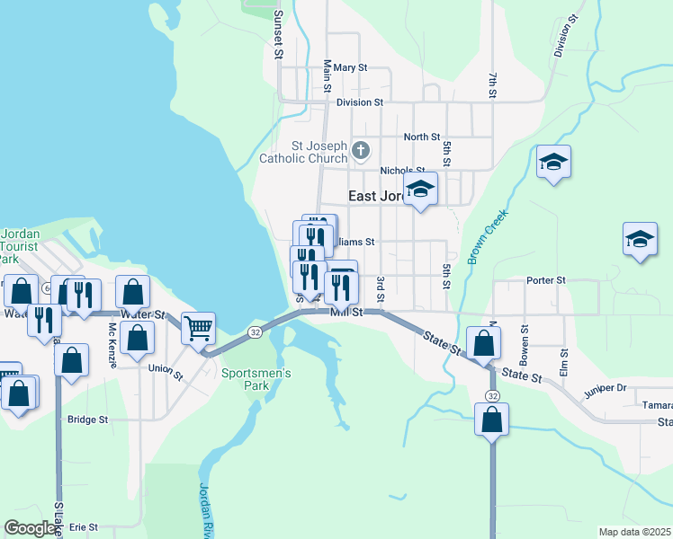 map of restaurants, bars, coffee shops, grocery stores, and more near 205 2nd Street in East Jordan