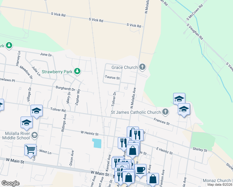 map of restaurants, bars, coffee shops, grocery stores, and more near 219 Hauser Court in Molalla