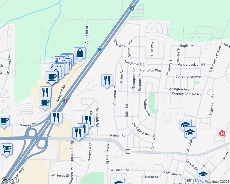 map of restaurants, bars, coffee shops, grocery stores, and more near Princeton Road in Woodburn