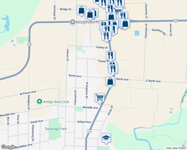 map of restaurants, bars, coffee shops, grocery stores, and more near 624 North Avenue in Antigo