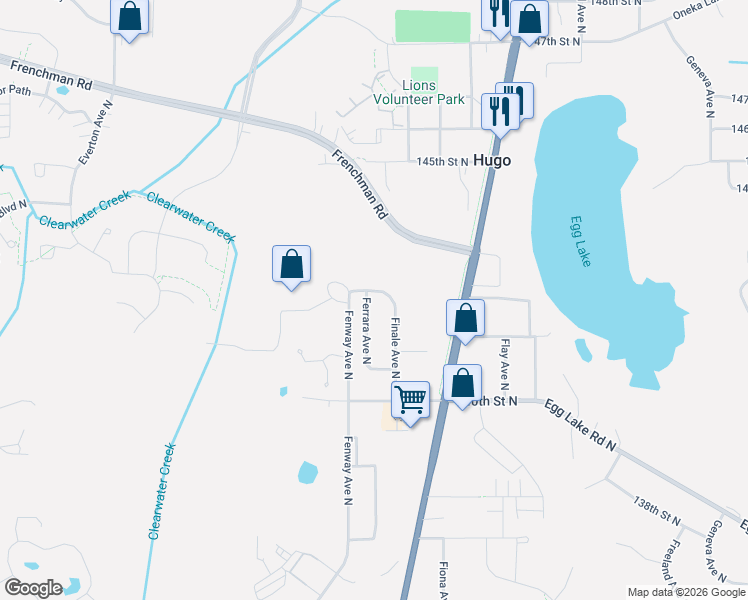 map of restaurants, bars, coffee shops, grocery stores, and more near 5345 142nd Street North in Hugo