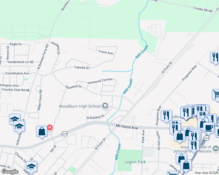 map of restaurants, bars, coffee shops, grocery stores, and more near 426 Inglewood Lane in Woodburn