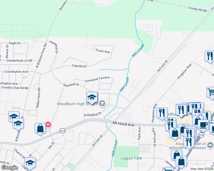 map of restaurants, bars, coffee shops, grocery stores, and more near 426 Inglewood Lane in Woodburn