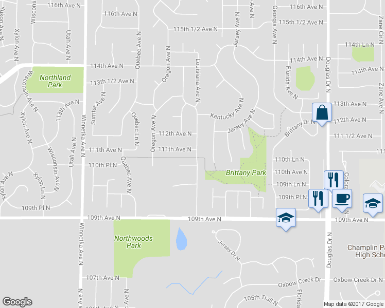 map of restaurants, bars, coffee shops, grocery stores, and more near 7101 111th Avenue North in Champlin
