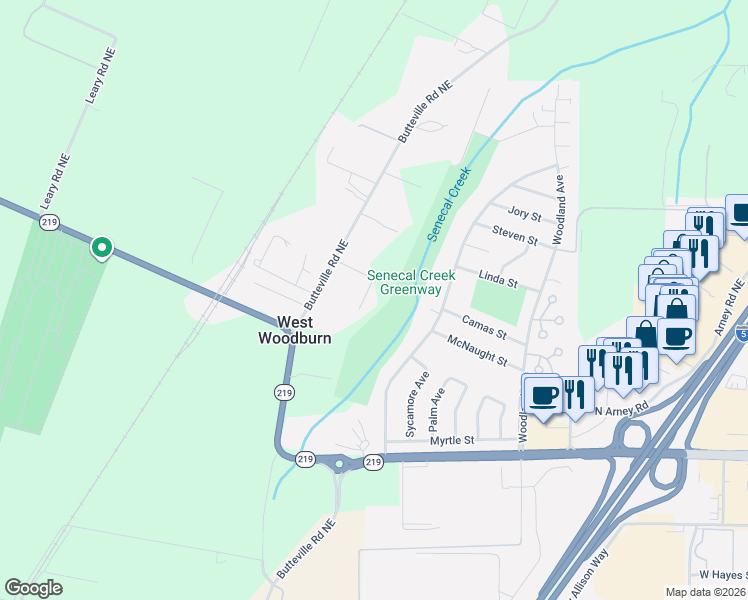 map of restaurants, bars, coffee shops, grocery stores, and more near 8345 Redwood Lane Northeast in Woodburn