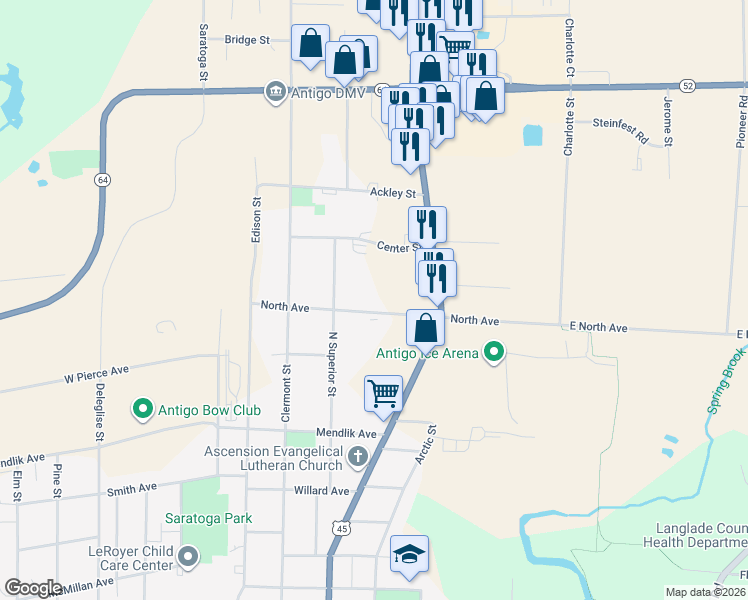 map of restaurants, bars, coffee shops, grocery stores, and more near 620 North Avenue in Antigo
