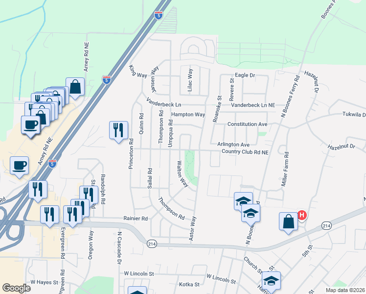 map of restaurants, bars, coffee shops, grocery stores, and more near 1417 Country Club Circle in Woodburn