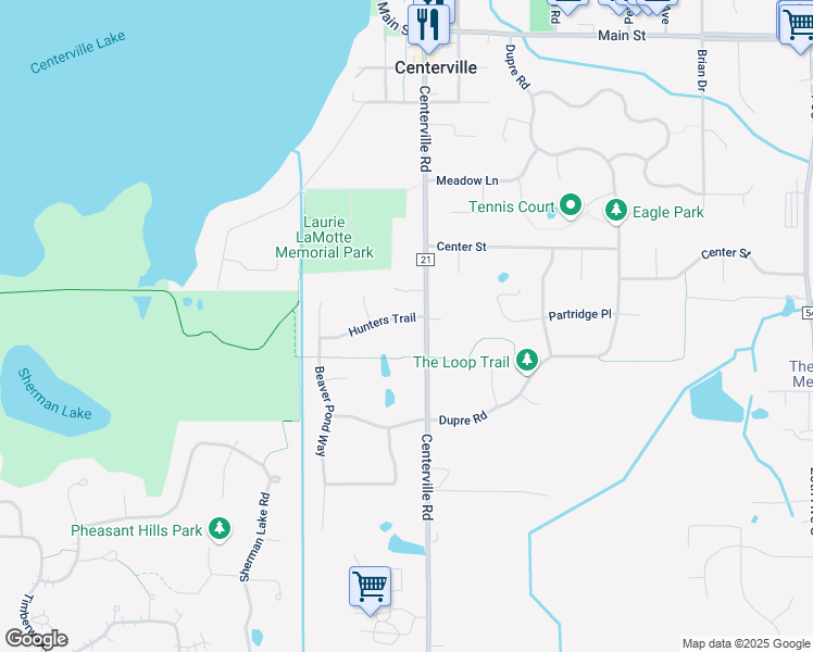 map of restaurants, bars, coffee shops, grocery stores, and more near 1686 Hunters Trail in Centerville