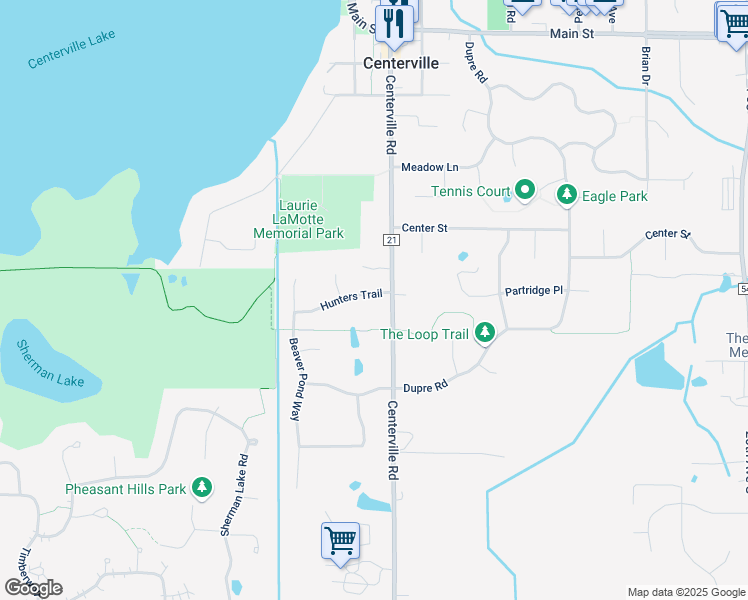 map of restaurants, bars, coffee shops, grocery stores, and more near 1686 Hunters Trail in Centerville
