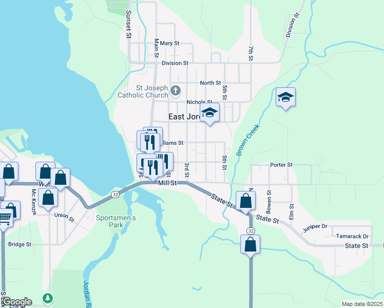 map of restaurants, bars, coffee shops, grocery stores, and more near 203-299 4th St in East Jordan