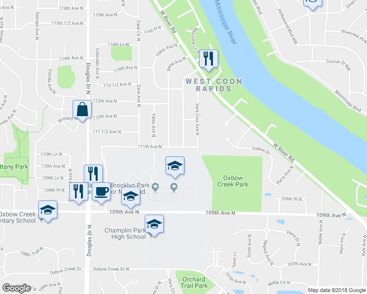 map of restaurants, bars, coffee shops, grocery stores, and more near 6304 Welcome Avenue North in Champlin