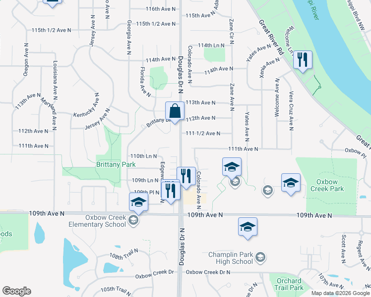 map of restaurants, bars, coffee shops, grocery stores, and more near 6213 111th Avenue North in Champlin