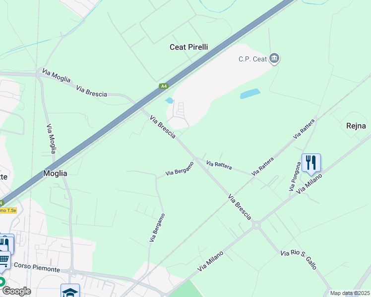 map of restaurants, bars, coffee shops, grocery stores, and more near 75 Via Brescia in Città Metropolitana di Torino