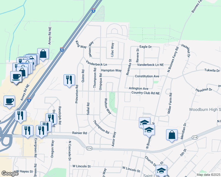 map of restaurants, bars, coffee shops, grocery stores, and more near 1417 Country Club Circle in Woodburn