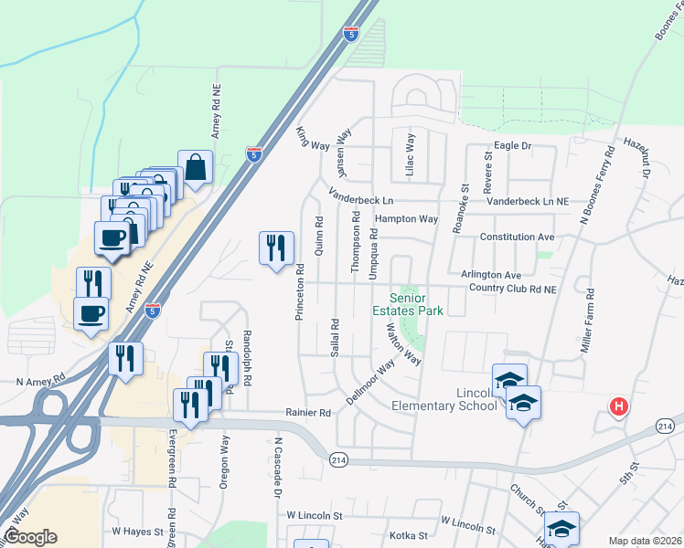map of restaurants, bars, coffee shops, grocery stores, and more near 1830 Sallal Road in Woodburn