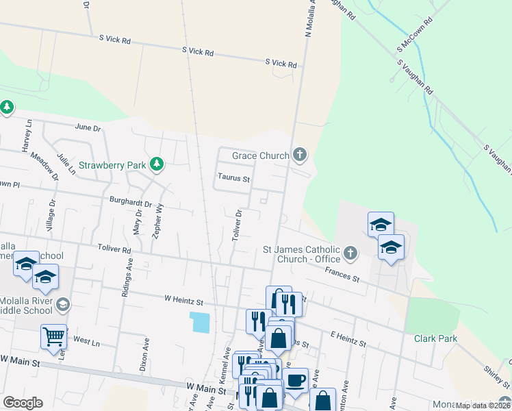 map of restaurants, bars, coffee shops, grocery stores, and more near 139 Toliver Court in Molalla