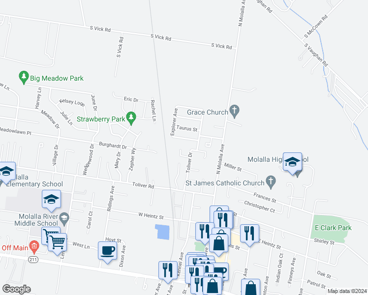 map of restaurants, bars, coffee shops, grocery stores, and more near 219 Hauser Court in Molalla
