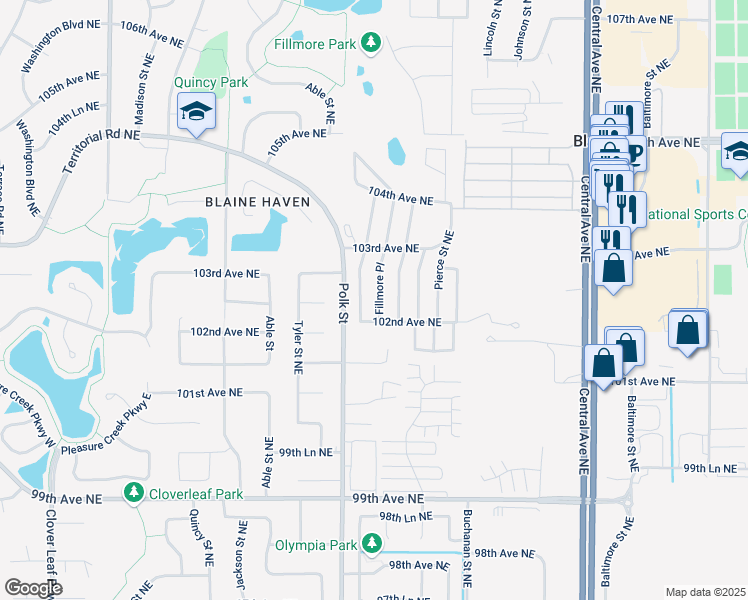 map of restaurants, bars, coffee shops, grocery stores, and more near 10232 Fillmore Place in Blaine