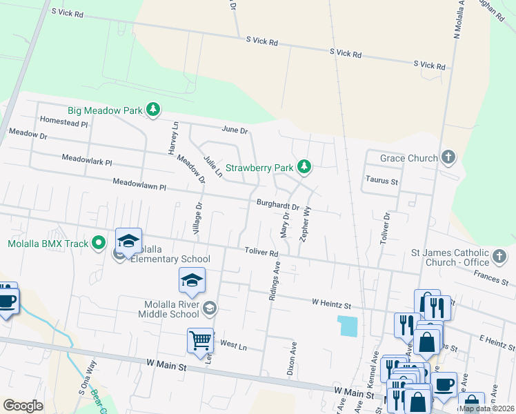 map of restaurants, bars, coffee shops, grocery stores, and more near 740 Burghardt Drive in Molalla